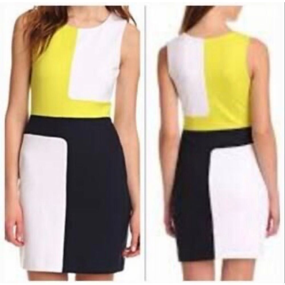 Joseph Ribkoff Color-Block Sheath Dress Neon Yellow Navy White Size 14